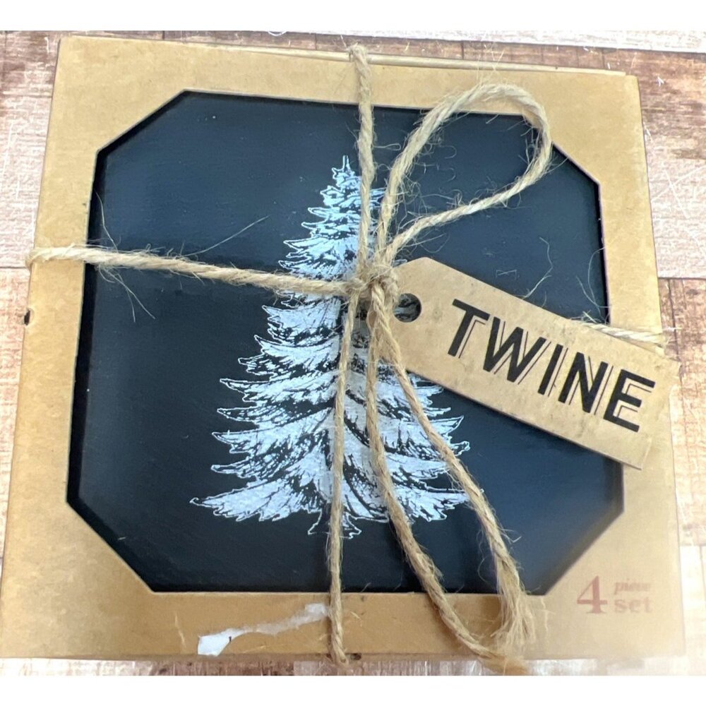 Rustic Holiday Slate Coasters Set Of 4 With Assorted Winter Designs By Twine